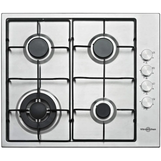 Placa de gas butano y natural Vitrokitchen EN640LIB, 4 zonas, Wok, mandos laterales, inox