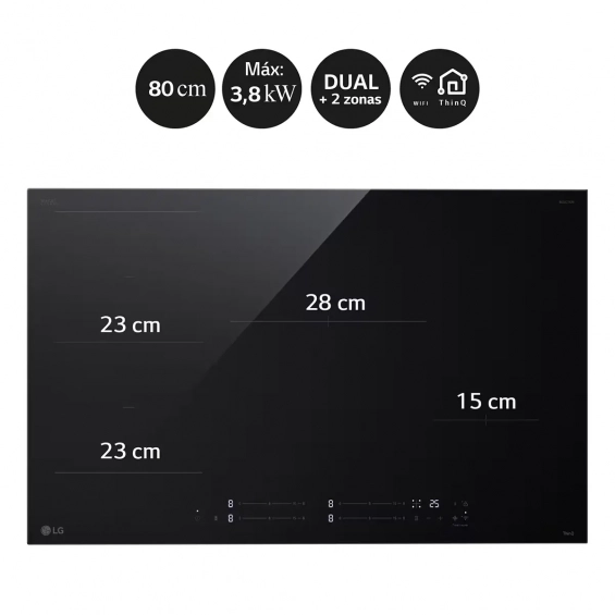 Placa de inducción LG CBIZ2435B, 4 zonas, 2 Flex inducción, 7400W, 15 niveles + Boost, zona gigante 28 cm, WiFi, cristal negro - imagen 3