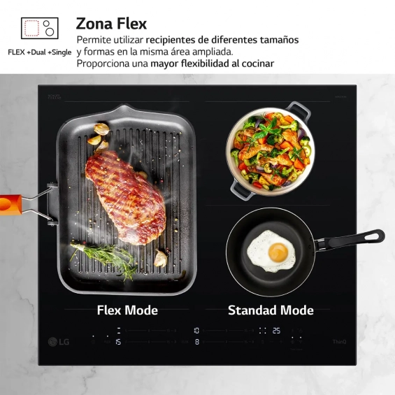 Placa de inducción LG CBIZ2435B, 4 zonas, 2 Flex inducción, 7400W, 15 niveles + Boost, zona gigante 28 cm, WiFi, cristal negro - imagen 4