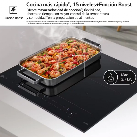 Placa de inducción LG CBIZ2435B, 4 zonas, 2 Flex inducción, 7400W, 15 niveles + Boost, zona gigante 28 cm, WiFi, cristal negro - imagen 7