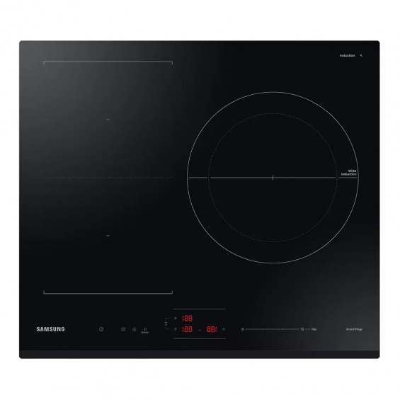Placa de inducción Samsung NZ63B5046GK/U1, 3 zonas Flex inducción, 7400W, zona grande 28 cm, WiFi, cristal negro
