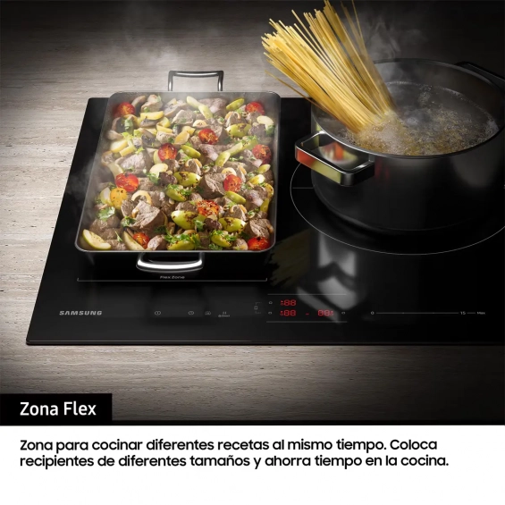 Placa de inducción Samsung NZ63B5046GK/U1, 3 zonas Flex inducción, 7400W, zona grande 28 cm, WiFi, cristal negro - imagen 5