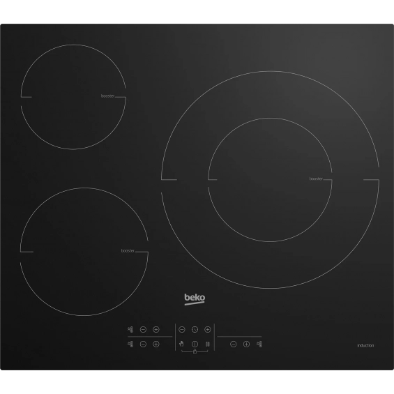 Placa de inducción Beko HII63205MT, 3 zonas, zona gigante 32 cm, 7200W, 9 niveles + Booster, cristal negro