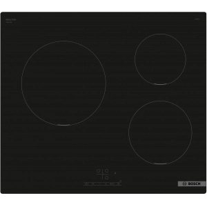 Placa de inducción Bosch PUC611BB5E, 3 zonas, 17 niveles, 4600W, zona grande 24 cm, cristal negro