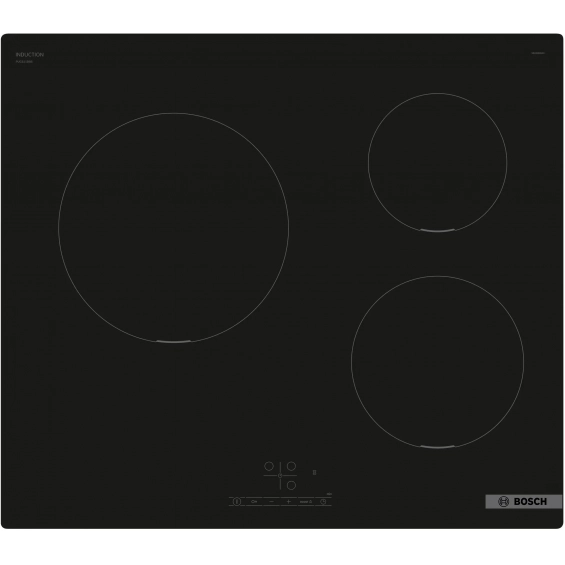 Placa de inducción Bosch PUC611BB5E, 3 zonas, 17 niveles, 4600W, zona grande 24 cm, cristal negro
