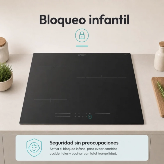 Placa de inducción Candy CIDD633C, Serie Idea, 3 zonas, zona gigante 32 cm, 7600W, conectividad App hOn, cristal negro - imagen 6