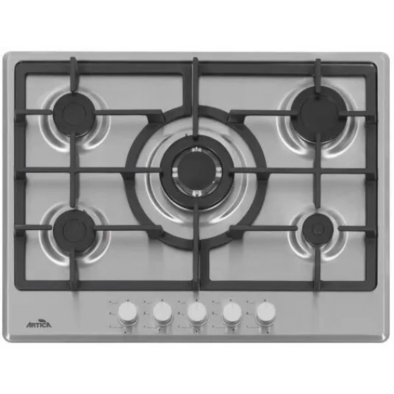 Placa de gas butano Artica AXG7050, 5 zonas, 70 cm, 10750W, Wok, parrilla forja, autoencendido, inox
