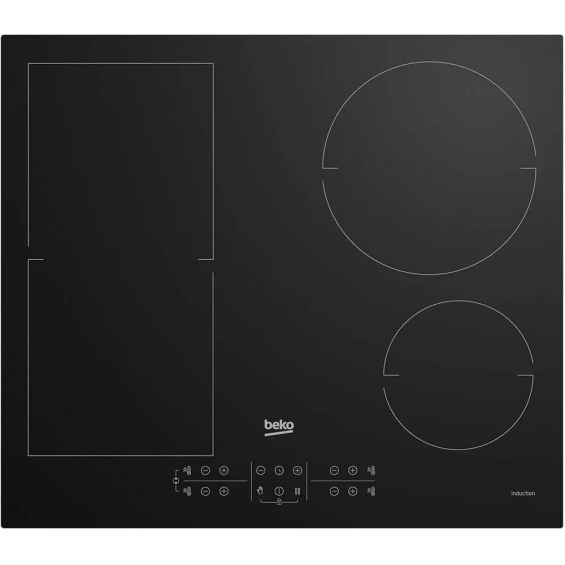 Placa de inducción Beko HII 64200 FMT, 4 zonas IndyFlex inducción, 7200W, zona grande 21 cm, cristal negro