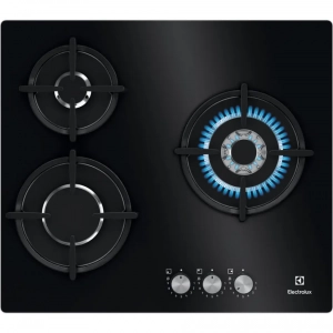 Placa de gas butano Electrolux KGE6633NOK, Serie 600, 3 zonas, Cristal Gas, 7900W, cristal negro