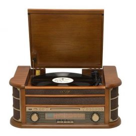 Tocadiscos giradiscos Denver MCR-50MK3, retro, plato giratorio, 3 velocidades, CD, MP3, USB, LCD, madera