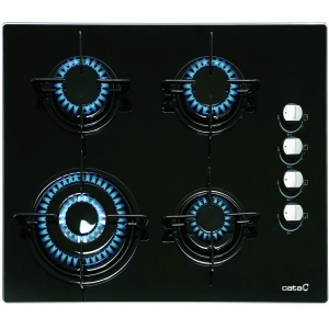 Placa de gas natural Cata CI 631 A, 4 zonas, Cristal Gas, 8000W, mandos laterales, ref. 08041412, cristal negro