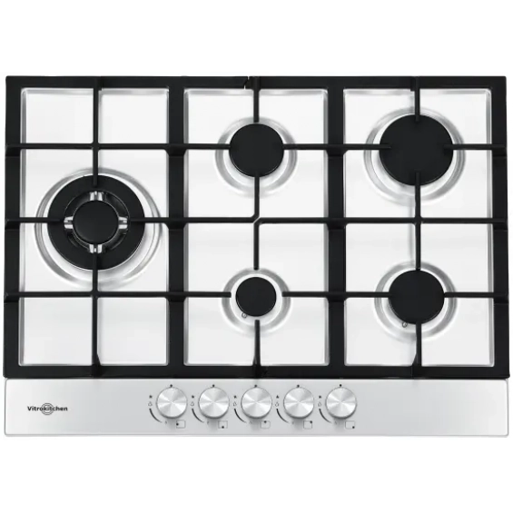 Placa de gas Vitrokitchen EN73IB, 5 zonas, 70 cm, Wok, inox