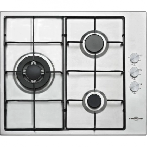 Placa de gas butano y natural Vitrokitchen EN630LIB, 3 zonas, Wok, inox