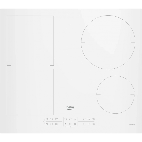 Placa de inducción Beko HII64200FMTW, 4 zonas, FIndyFlex, 7200W, mandos frontales, cristal blanco