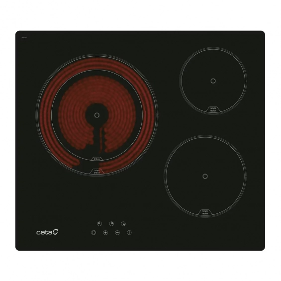 Placa vitrocerámica Cata TD 6003 BK, 3 zonas, zona gigante 27 cm, ref. 08063411, 5400W, cristal negro
