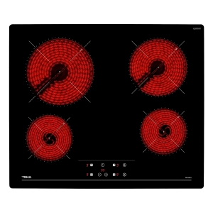 Placa vitrocerámica Teka TB 6415, 60 cm, 4 zonas, sin marco, control táctil, zona grande 21 cm, 6300W, ref. 40239042, cristal negro