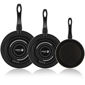 Set de sartenes Fagor Optimax, 20 + 24 + 28 cm, antiadherente doble capa, acero esmaltado 1.5 mm, todo tipo de cocinas y lavavajillas, negro