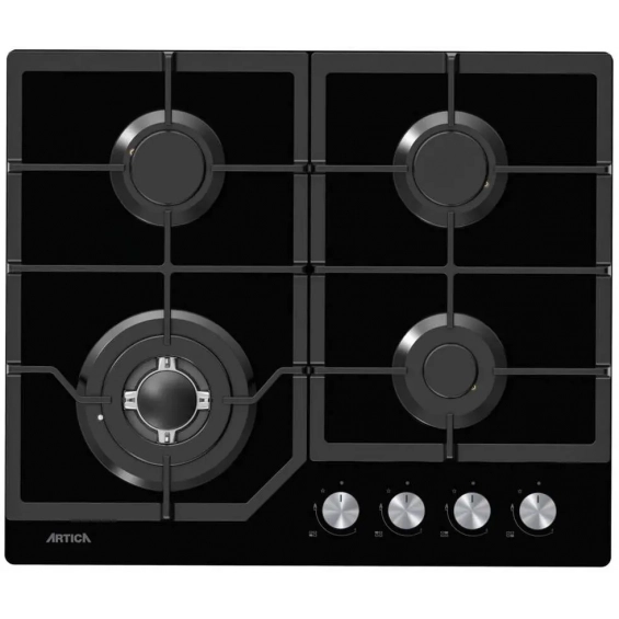 Placa de gas natural y butano Artica ACG60401, 4 zonas, Cristal Gas, hierro forjado, Wok, 7800W, cristal negro