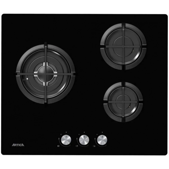 Placa de gas natural y butano Artica ACG60301, 3 zonas, Cristal Gas, hierro forjado, Wok, 6050W, cristal negro
