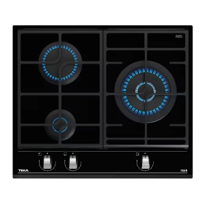 Placa de gas natural Teka GZC 63310 XBN, 3 zonas, ExactFlame, Cristal Gas, 7800W, mandos frontales, 9 niveles, ref: 112570022, cristal negro