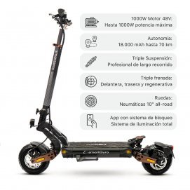 Patín eléctrico SmartGyro Ryder Certificado, motor 1000W, ruedas 10", velocidad 25 km/h, autonomía 75 km, patinete negro