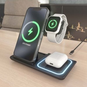 Cargador inalambrico Aisens USB-C, 3 en 1, móvil, Apple Watch, Auriculares con estuche de carga, 15W, negro