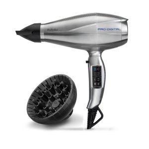 Secador de pelo Babyliss 6000E PRO EC, 2200W, cerámico, 2 boquillas, con difusor, 3 temperaturas, 2 velocidades, con batería, gris plata