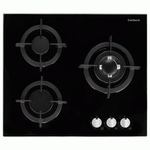 Placa de gas butano Corberó CPCGY2303N, 3 zonas, 60 x 51 cm, parrillas hierro fundido, Cristal negro