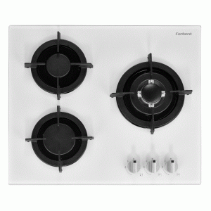Placa de gas butano Corberó CPCGY2313W, 3 zonas, 60 x 51 cm, parrillas hierro fundido, Cristal blanco