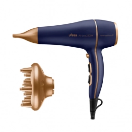 Secador de pelo Ufesa 2200W Air Lux, motor AC, iones, 2 velocidades, 3 temperaturas, azul y dorado
