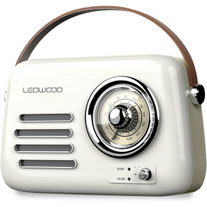 Radio retro vintage portátil Ledwood ALMA, FM, 30W, Bluetooth 5.3, USB, Batería 3.7V, 1500 mAh, blanco