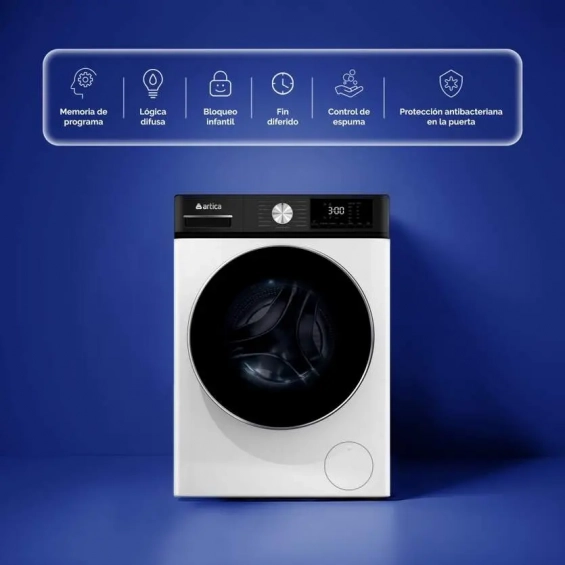 Lavadora Artica AQUAPLUS8AB, 8kg, 1400rpm, clase A-10%, 42 kWh/100 ciclos, 76dB, 15 programas, Vapor,  Inverter, display, luz tambor, blanco y negro - imagen 5