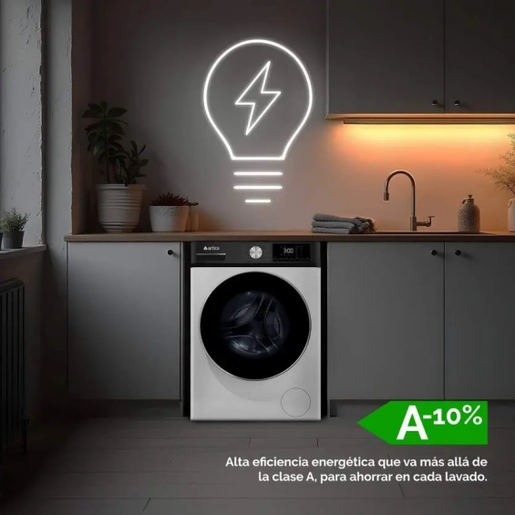 Lavadora Artica AQUAPLUS8AB, 8kg, 1400rpm, clase A-10%, 42 kWh/100 ciclos, 76dB, 15 programas, Vapor,  Inverter, display, luz tambor, blanco y negro - imagen 8