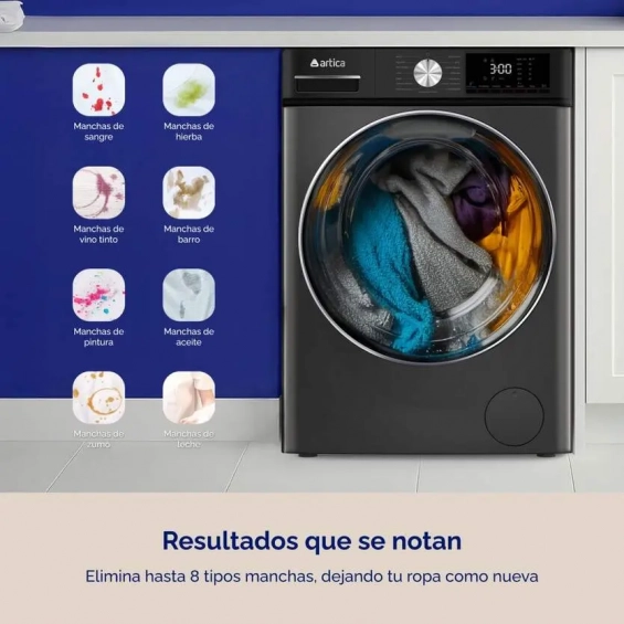Lavadora Artica AQUAPLUS8AI, 8kg, 1400rpm, clase A-10%, 42 kWh/100 ciclos, 76dB, 15 programas, Vapor,  Inverter, display, luz tambor, gris grafito - imagen 10