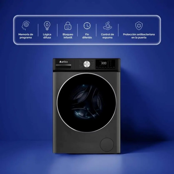 Lavadora Artica AQUAPLUS8AI, 8kg, 1400rpm, clase A-10%, 42 kWh/100 ciclos, 76dB, 15 programas, Vapor,  Inverter, display, luz tambor, gris grafito - imagen 4
