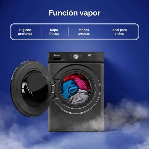 Lavadora Artica AQUAPLUS8AI, 8kg, 1400rpm, clase A-10%, 42 kWh/100 ciclos, 76dB, 15 programas, Vapor,  Inverter, display, luz tambor, gris grafito - imagen 8