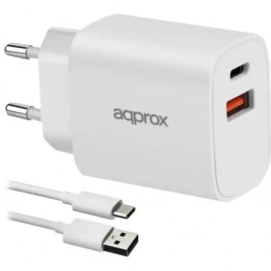 Cargador Approx 20W QC 1 USB-A, 1 USB-C, cable incluido, blanco