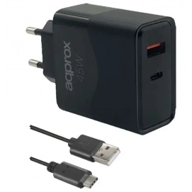 Cargador enchufe 45W Approx QC 1 USB-A, 1 USB C, más cable, negro