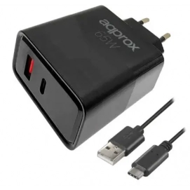 Cargador enchufe 65W Approx QC 1 USB-A, 1 USB C, más cable, negro