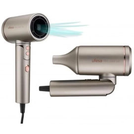 Secador de pelo plegable Ufesa Pro Ionic Go, motor digital, 105000 rpm, tecnología Dual Heat Protect, luz LED, 3 velocidades, 3 temperaturas,...