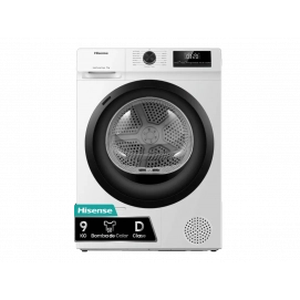 Secadora de condensación con bomba de calor Hisense DHQE900UWDC, 9kg, clase D, 128 kWh/100 ciclos, 64dB, expres 30 min, Auto-Dry, display, blanco