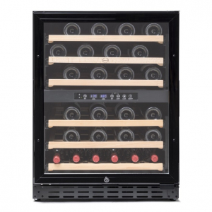 Vinoteca encastrable VinoBox CV 50 GC 2TN, 82 x 59.5 x 59.5 cm, capacidad 50 botellas, 2 zonas, reversible, estantes madera, clase G, 154 kWh/año, 41dB, negro