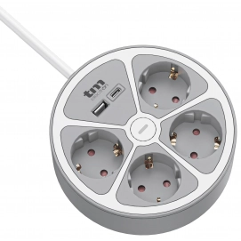 Regleta base múltiple TM Electron TMUAD554CB, 4 tomas, USB-A, USB-C, gris y blanco