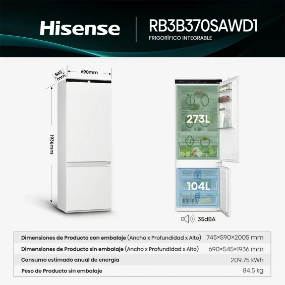 Frigorífico combi integrable Hisense RB3B370SAWD1, 193.6 x 69 x 54.5 cm, Total No Frost, clase D, 210 kWh/año, 35 dB, 377 litros, Metal-Tech, WiFi - imagen 2