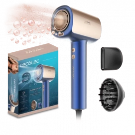 Secador de pelo Cecotec DryGlam Nano Plasma Blue, 1600W, 3 velocidades, 3 temperaturas, ref. 101439, azul y dorado