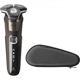 Afeitadora Philips S5886/30, Wet & Dry, SkinIQ, SteelPrecision, display LED, batería recargable, con funda, USB-A, marrón