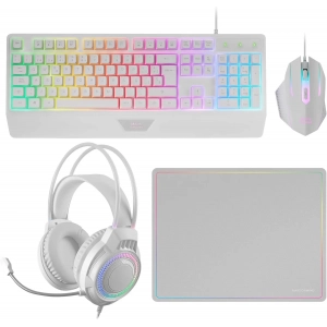 Pack teclado, ratón, auriculares y alfombrilla Mars Gaming MCP124PROWES, 4 en 1, RGB H-Mech, ratón RGB 3200DPi, auriculares FRGB, alfombrilla Nanotextil 36 x 26 cm, blanco