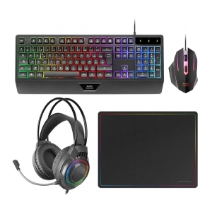 Pack teclado, ratón, auriculares y alfombrilla Mars Gaming MCP124PROES, 4 en 1, RGB H-Mech, ratón RGB 3200DPi, auriculares FRGB, alfombrilla Nanotextil 36 x 26 cm, negro