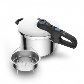 Olla a presión rápida Tefal P2584401 Secure Trendy, 8 litros, 25 cm, incluye cesta vapor, apta todo tipo de fuegos, acero inox
