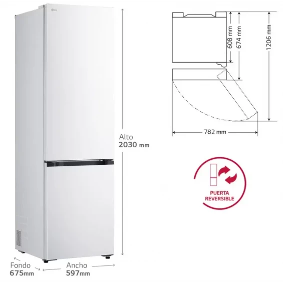 Frigorífico combi LG GBBS524DSW, 203 x 59.7 x 67.4 cm, Total No Frost, clase D, 218 kWh/año, 35 dB, 375 litros, Fresh Converter+, blanco - imagen 2